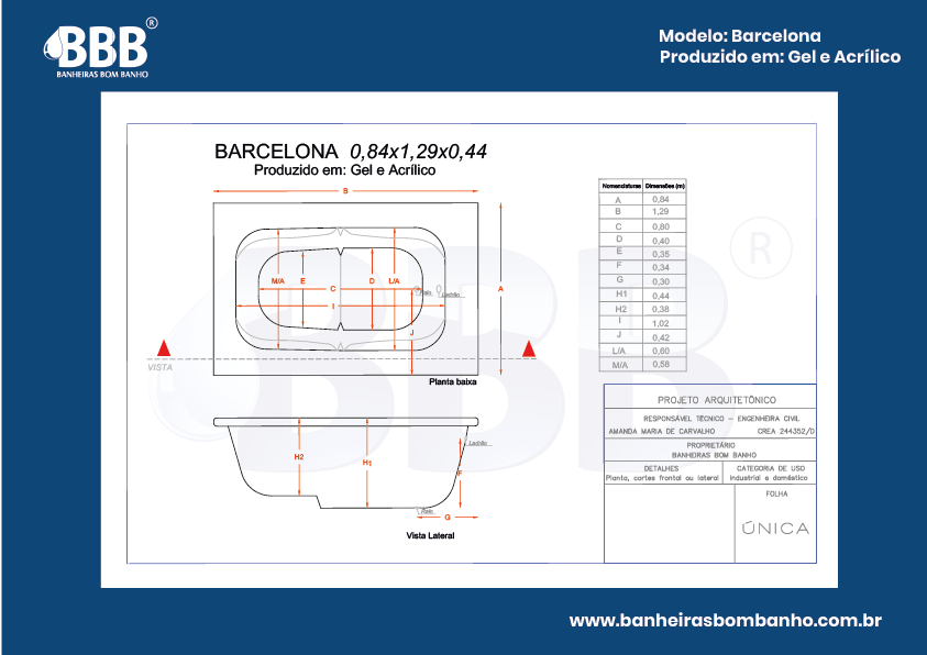 Banheira 0,84x1,29x0,44 Barcelona | Banheiras Bom Banho