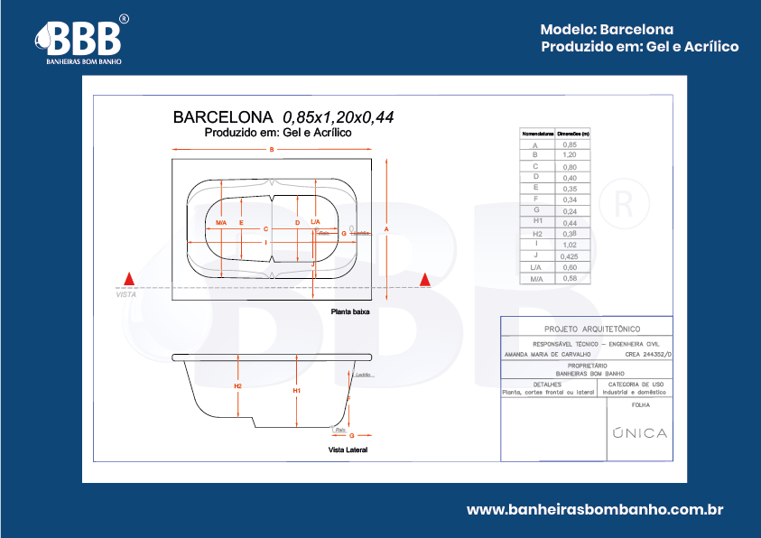 Banheira Barcelona 0,85x1,20x0,44 | Banheiras Bom Banho
