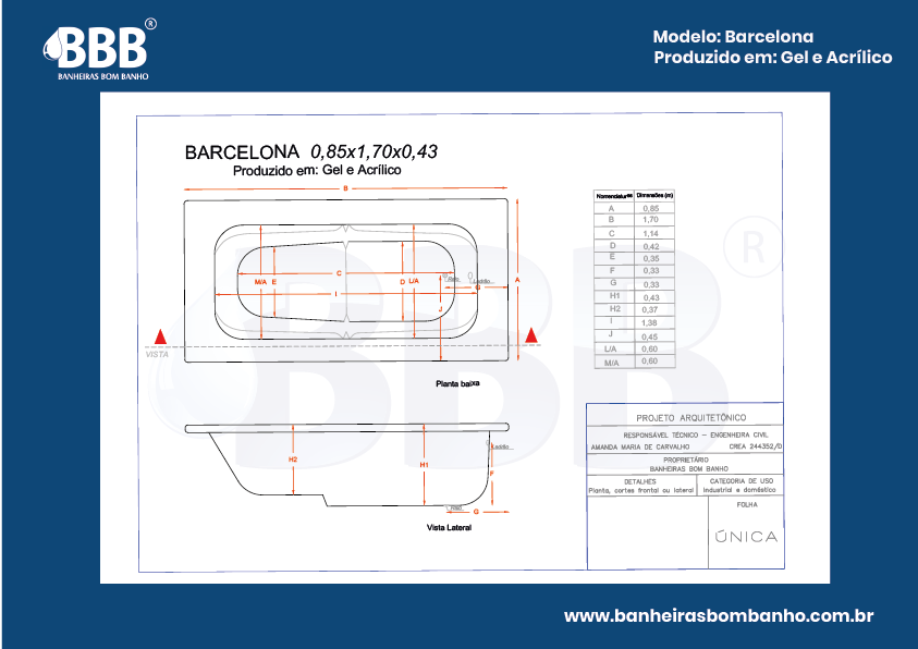 Banheira 0,85x1,70x0,43 Barcelona | Banheiras Bom Banho