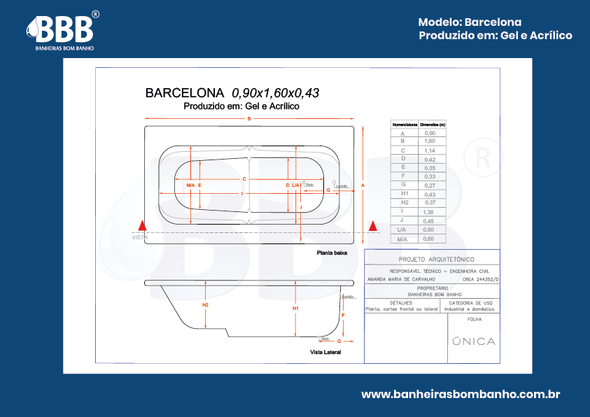 Banheira Barcelona 0,90x1,60x0,43 | Banheiras Bom Banho